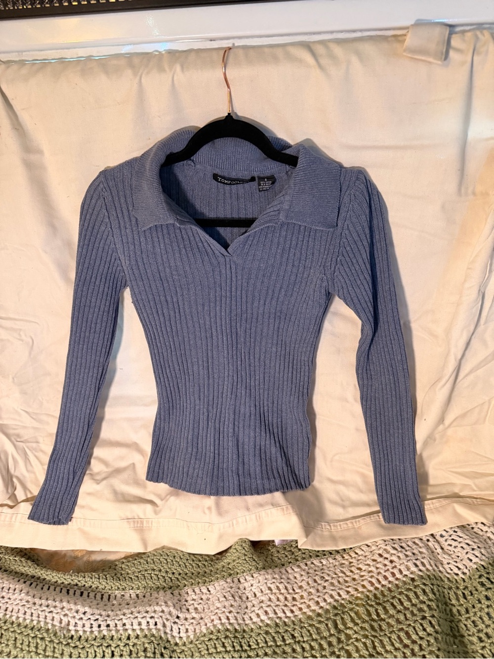 100% Cotton Ribbed Long Sleeve Polo Sweater - Light Blue